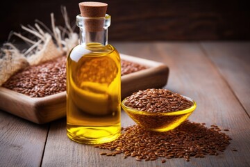 a bottle of flaxseed oil with raw flax seeds