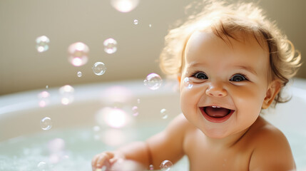 Happy cute baby in a bath with foam and soap bubbles , healthcare for young children. - obrazy, fototapety, plakaty