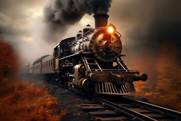 A steam locomotive chugging down a railway track, a relic of early transportation. Concept of vintage trains. Generative Ai.
