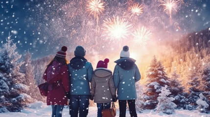 Happy family and daughters children are watching fireworks in New Year holiday or Christmas Day - obrazy, fototapety, plakaty