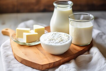 lactose-free cheese and yogurt on a kitchen counter