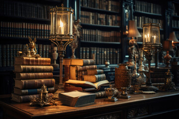 A dusty old library filled with leather-bound books and dimmed reading lamps. Concept of timeless knowledge. Generative Ai.