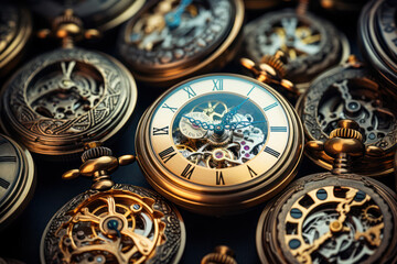Fototapeta na wymiar A collection of antique pocket watches, their delicate mechanisms frozen in time. Concept of horology. Generative Ai.