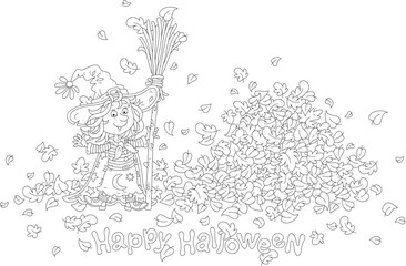 Halloween card with a happy little witch in her wide-brimmed hat holding a magical flying broom near a big heap of fallen autumn leaves, black and white vector cartoon illustration