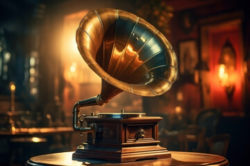 A brass gramophone with a horn speaker, playing scratchy tunes from the past. Concept of vintage sound. Generative Ai.