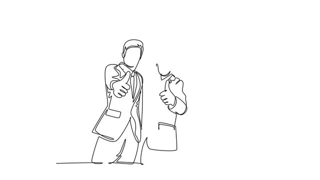 Animated self drawing of continuous line draw group of young happy businessmen standing together and giving thumbs up gesture pose. Business owner teamwork concept. Full length single line animation