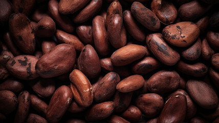 Close up shot of a pile of raw aromatic cocoa beans as background - obrazy, fototapety, plakaty