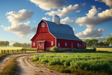 A classic red barn in a rural landscape, an emblem of farming history. Concept of vintage agriculture. Generative Ai. - obrazy, fototapety, plakaty