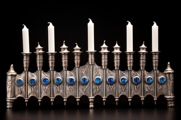 silver-painted menorah with tiny blue candles