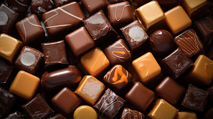 Chocolate sweets collection. Set of chocolate praline, top view. Candy background