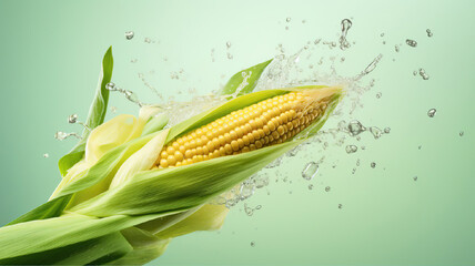 Fresh corn cob on light green background with splashes of clear water.