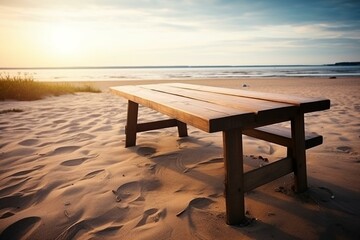 Fototapeta na wymiar Empty wooden table on beach. Generative AI