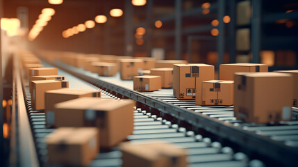 Closeup of multiple cardboard box packages seamlessly moving along a conveyor belt in a warehouse fulfillment center, a snapshot of e-commerce, delivery, automation and products.