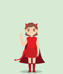 girl in red devil costume standing and smiles at halloween party