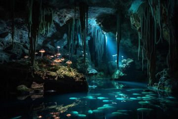 Beneath a cascading waterfall, a hidden grotto reveals a symphony of bioluminescent creatures, their gentle glow creating a mesmerizing underwater orchestra of light and sound.