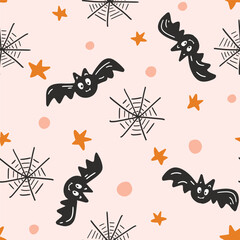 Flying bats with spiderweb and stars forming a seamless vector pattern with terracotta orange, black, cream. Great for home decor, fabric, wallpaper, gift wrap, stationery, packaging