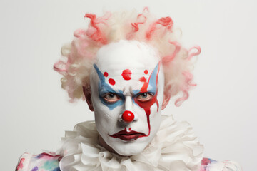 Portrait Captures The Unsettling Visage Of Deranged Clown, Complete With Eccentric Makeup, Prominent Red Nose, And Flamboyant Costume, Set Against White Backdrop - obrazy, fototapety, plakaty