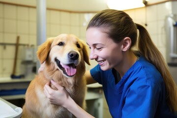 Vet Nurse Examines Happy Golden Retriever In Clinic