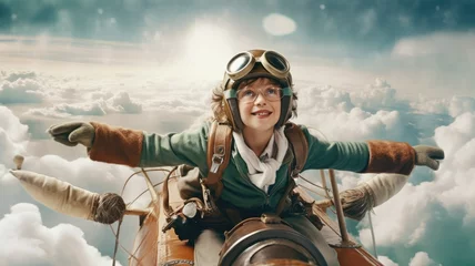 Tuinposter Aviator boy, excited, flying above clouds in the sky. Generative AI image weber. © Summit Art Creations