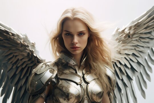 Portrait, Blonde Woman Dons Wings, Armor, And Sword, Embodying The Valkyrie Of Scandinavian Norse Mythology Against White Studio Background