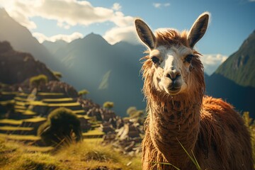 Llama and Machu Picchu. Alpaca - obrazy, fototapety, plakaty