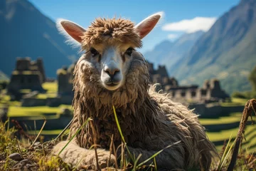 Afwasbaar Fotobehang Lama Llama and Machu Picchu. Alpaca