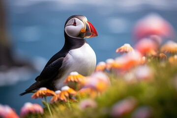 Naklejka premium Atlantic puffin bird resting on grass