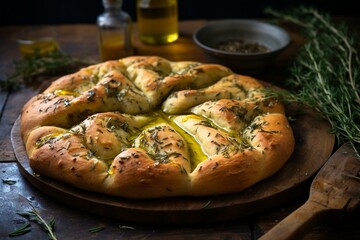 An enticing image of a delicious fougasse bread, baked with olive oil and herbs. Generative AI