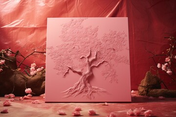 a pink artwork atop tiles near a tree. Generative AI