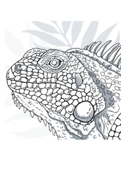 Iguana Sketch Head Vector Graphics: Black-and-White Drawing Pen Ink Monochrome Illustration.