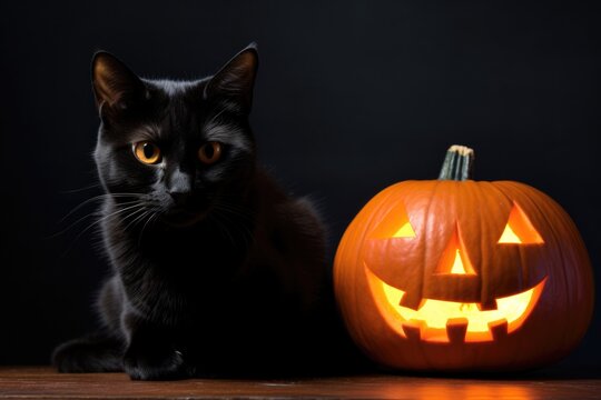 black cat behind a glowing jackolantern