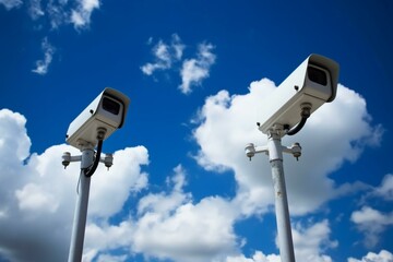 surveillance cameras under blue sky. Generative AI