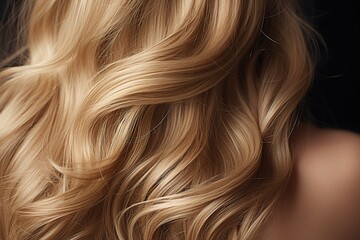 Fototapeta premium Blonde hair close-up. Women's long blond hair. Beautiful styling of wavy shiny curls. Hair coloring. Hairdressing treatments