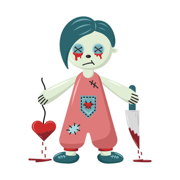 Drawing of Creepy doll. Halloween concept. Vector illustration