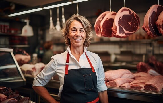 Middle aged female butcher smiling in a butcher shop. Generative AI