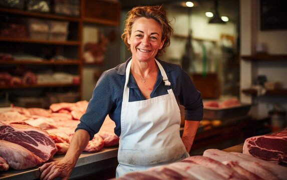 Middle aged female butcher smiling in a butcher shop. Generative AI