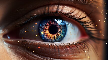 Photo of a mesmerising close-up of a realistic human eye with the galaxy in the pupil created with Generative AI technology - obrazy, fototapety, plakaty