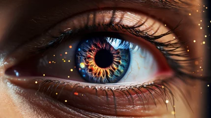 Foto op Plexiglas Photo of a mesmerising close-up of a realistic human eye with the galaxy in the pupil created with Generative AI technology © AI Visual Vault