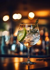 Gourmet cocktail of gin and tonic garnished with a slice of lemon and a sprig of rosemary on a bar with a blurred restaurant bar background. Generated AI