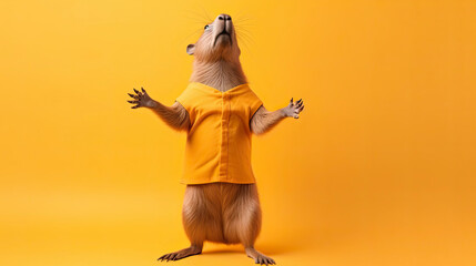 Funny hamster in a yellow T-shirt on a yellow background.