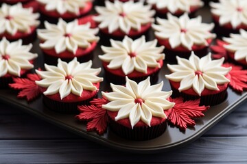 red and white canada day cupcakes arranged on a tray