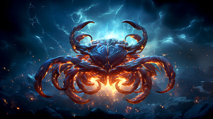 Glowing Scorpio zodiac sign art with lighting blue universe background - obrazy, fototapety, plakaty