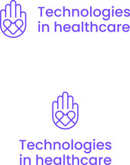 Technologies in healthcare logo with brand name. Hand holding a heart icon. Violet creative design element. Visual identity. Suitable for healthcare, technology, medical, innovation.