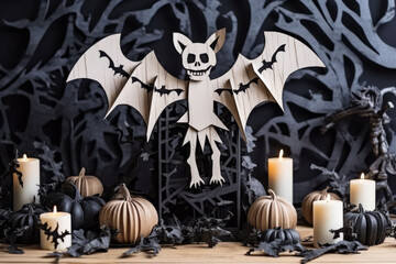 Spooky wooden bat and candles as Halloween decoration