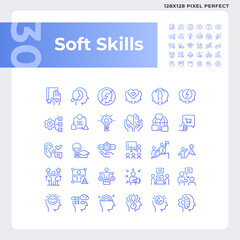 2D pixel perfect gradient icons pack representing soft skills, purple thin line illustration.