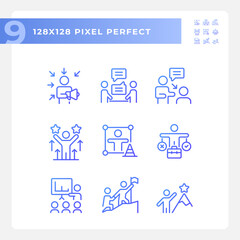 Pixel perfect gradient icons representing soft skills, purple thin line illustration set.