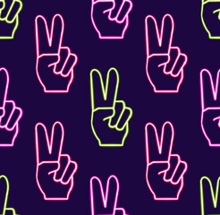 Seamless pattern Peace Sign Hand glowing desktop icon, neon sticker, neon Peace Sign Hand figure, glowing figure, neon geometrical figures 