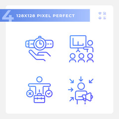 Pixel perfect gradient icons set representing soft skills, purple thin linear illustration.