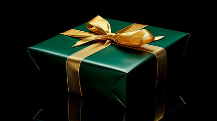 Gift or present in a square box with green wrapping paper and a golden ribbon with a bowtie. Concept of giving, Christmas, birthdays and shopping for something special. Studio background.