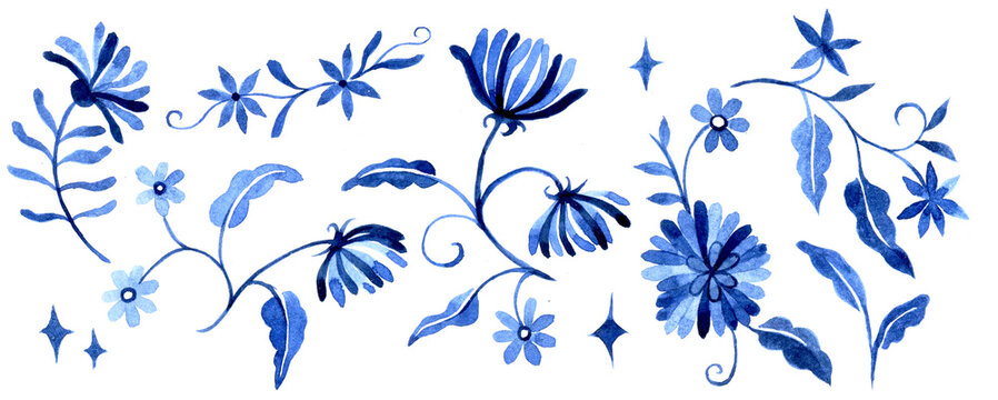 watercolor drawing, set with fantastic blue flowers on a white background, ornament